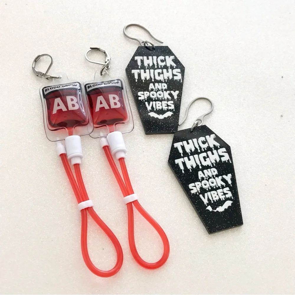 🆕 Blood Bag Type AB and Coffin Thick Thighs and Spooky Vibes Earrings - Picture 2 of 4